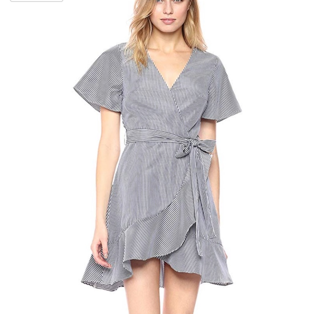 JOA Flare Short Sleeve Pin Stipe Wrap Dress